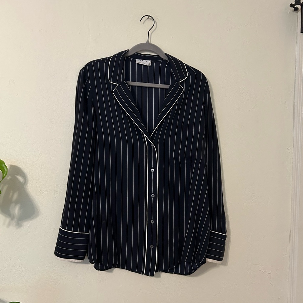Frame Navy Striped Silk Button-Up Shirt
